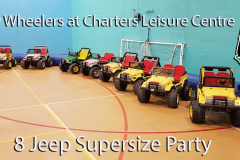Eight mini Jeeps lined up in Charters Leisure Centre sports hall