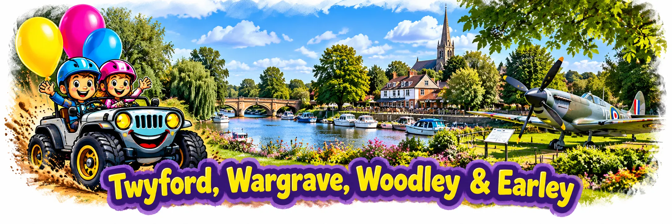 Wacky Wheelers kids' parties in Twyford, Wargrave, Woodley and Earley, illustrated with the River Thames, Spitfire and smiling Jeep